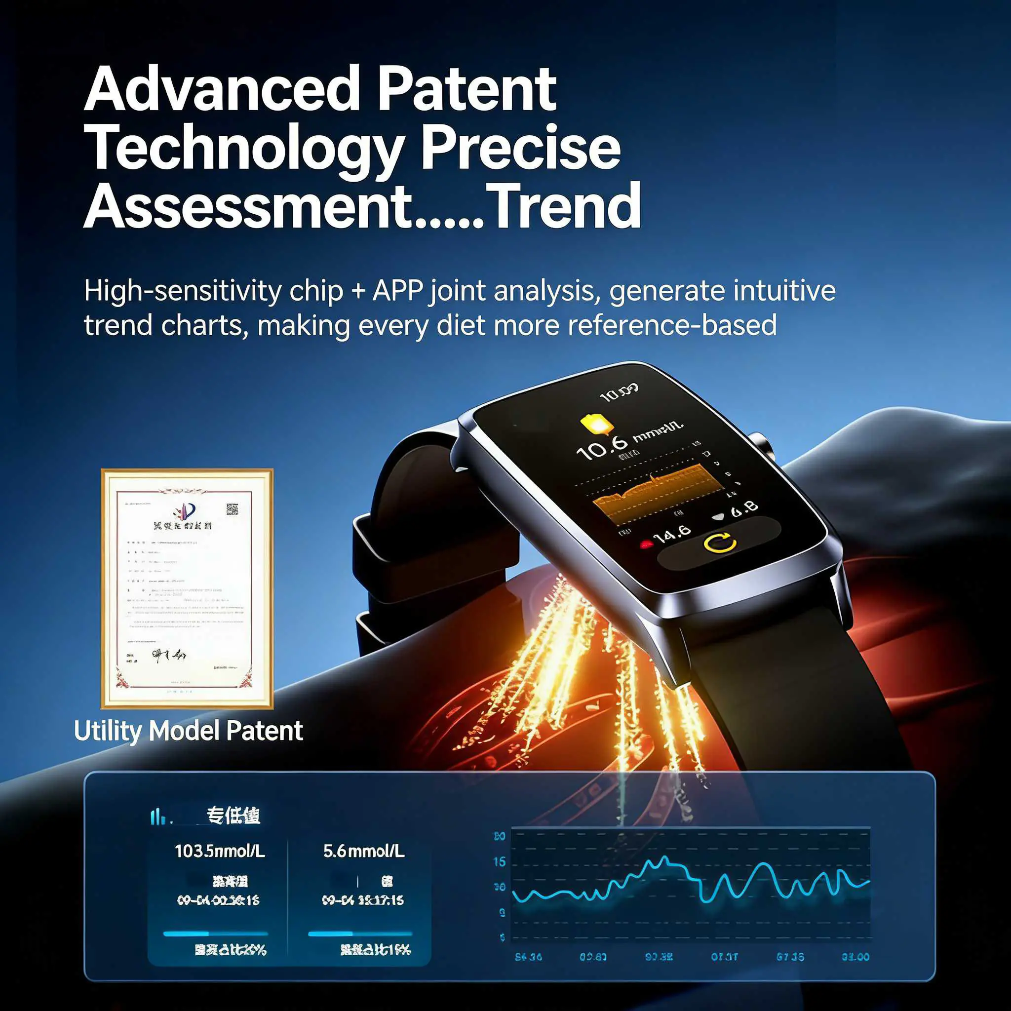 Blood sugar, uric acid, and heart rate monitoring watch